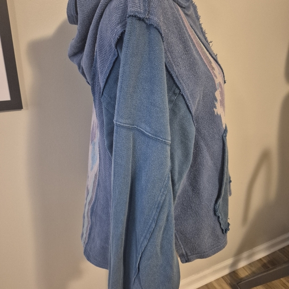 FREE PEOPLE Blue Hooded Baja Pullover poncho Like New Oversized  Hippie Boho - Picture 6 of 14